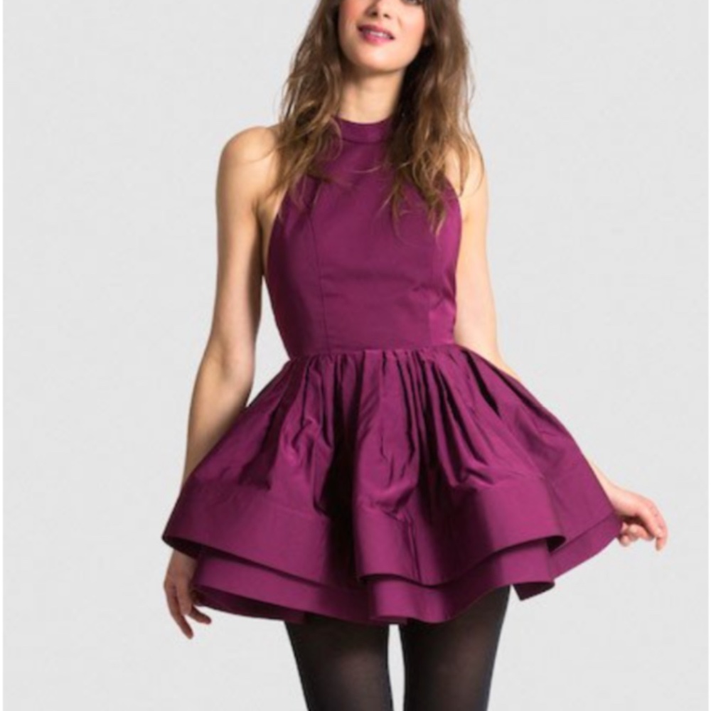 Eggplant Backless Halter Mini Dress Fit & Flare Cocktail Party Vegan Satin M–L